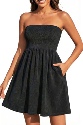 Yonique Women Terry Cloth Cover up - Strapless Beach Cover Up Tube Top with Pockets Black M