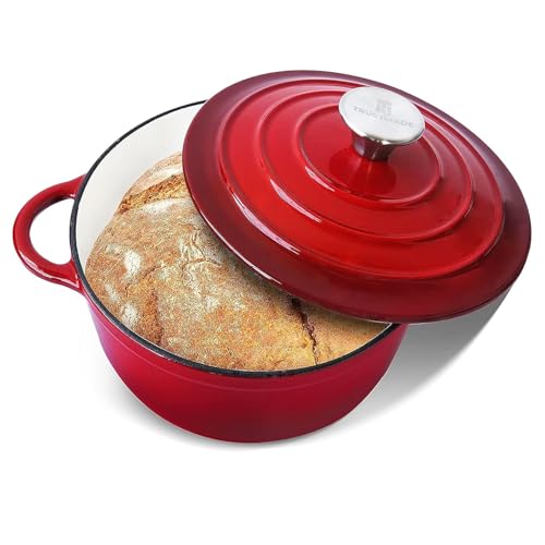 Trustmade 3 QT Cast Iron Dutch Oven, Enamel Coated Cookware Pot with Self Basting Lid for Home Baking, Braiser, Cooking, Red