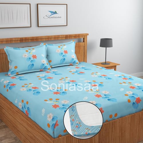 Image of 202 TC Cotton Feel All Around Elastic Fitted Bedsheet, Elastic Fitted Bedsheet King Size Bedsheet for Double Bed with 2 Pillow Covers, Size - 72 x 78 x 8 Inch Color Sky Blue