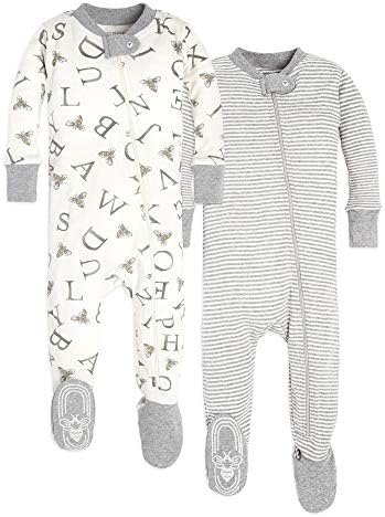 Burt's Bees Baby unisex baby Pajamas, Zip-front Non-slip Footed Pjs, Organic Cotton and Toddler Sleepers, A Bee C/Stripe 2-pk, 18 Months US