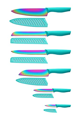 Kitchen Knife Set, Marco Almond® Kya37 12-Piece Rainbow Titanium Stainless Steel Boxed Knives Set For Kitchen With Sheath, 6 Knives With 6 Blade Guards, Teal #TOP18