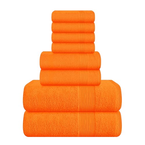 BELIZZI HOME Elvana 8 Piece Towel Set 100% Ring Spun Cotton, 2 Bath Towels 27x54, 2 Hand Towels 16x28 and 4 Washcloths 13x13 - Ultra Soft Highly Absorbent Machine Washable Hotel Spa Quality - Orange