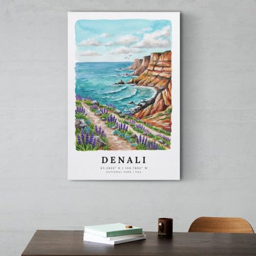 Poster Denali aquarelle vintage impression paysage grand format 60x90 cm