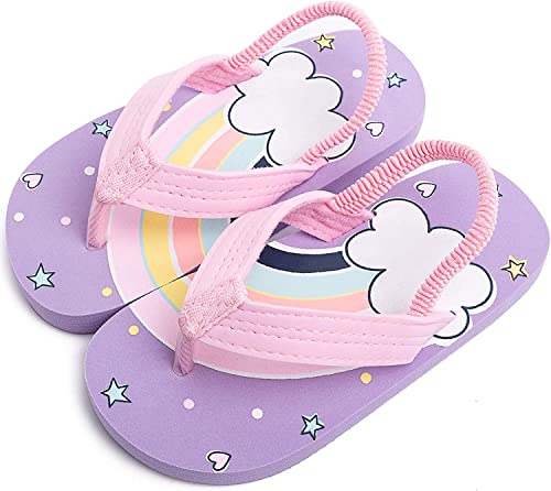SiegenPro Children's Flip Flop Sandals with Straps, Toddler Slippers for Summer and Beach, Purple rainbow, 9 UK