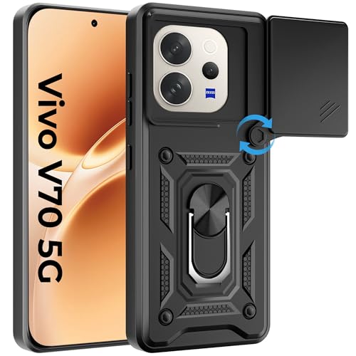 Image of A rtistque Armor Bumper Back Cover Case for Vivo V70 / V70 Elite 5G | Ring Holder Stand | Sliding Camera Protection | Shockproof Heavy Duty Design | Vivo V70 Back Cover - Black