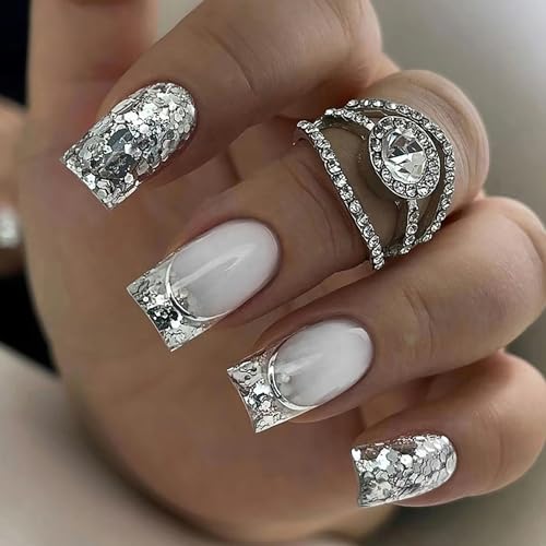 Silver French Press on Nails Medium Length Silver Glitter Powder Sequins Design False Nails Square Fake Nails Artificial Acrylic Nails Full Cover Glossy Reusable Coffin Nails Glue on Nails for Women