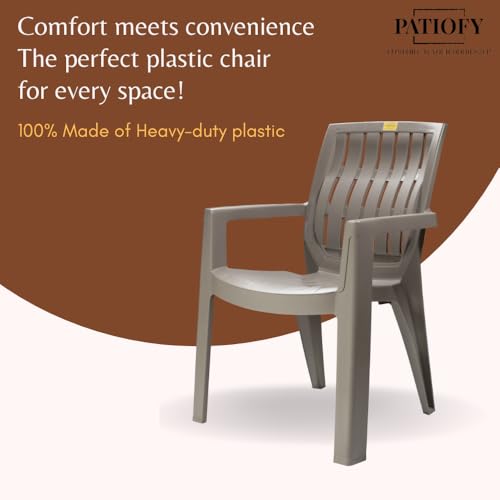 Image of Patiofy Plastic Arm Chair for Living Room, Heavy Duty Plastic Chair for Home and Outdoor, Solid Back Support, Comfortable Seating with Arm Support, 200 Kg Capacity (Spino Choco Cream- Set of 2)