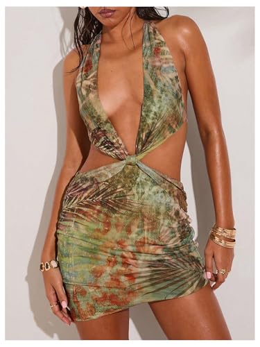 WDIRARA Women's Tropical Cut Out Halter Dress Deep V Neck Backless Bodycon Mini Dresses4