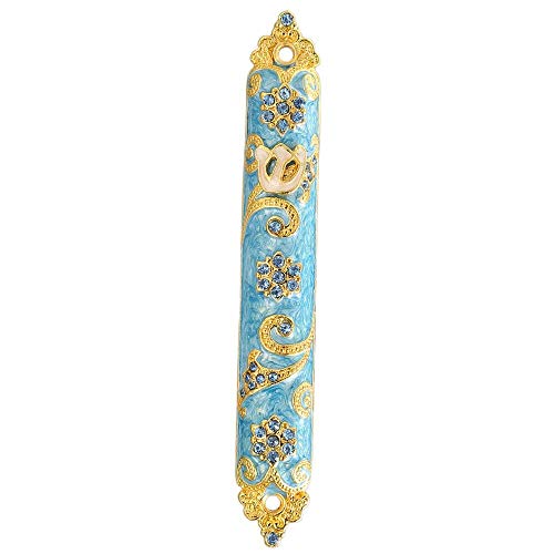 Matashi 4.5" Hand Painted Mezuzah Embellished With A Rich Blue Judaica Design 24K Gold Plated And Crystals, (Mtmz573) #TOP3