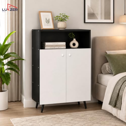 Image of Lukzer Wooden Book Shelf & Storage Cabinet with White Doors (MR-034 /Black) Engineered Wood Bookshelf for Home, Bedroom, Office & Kitchen, Multipurpose Books Organizer & Display Rack (90x30x60 cm)