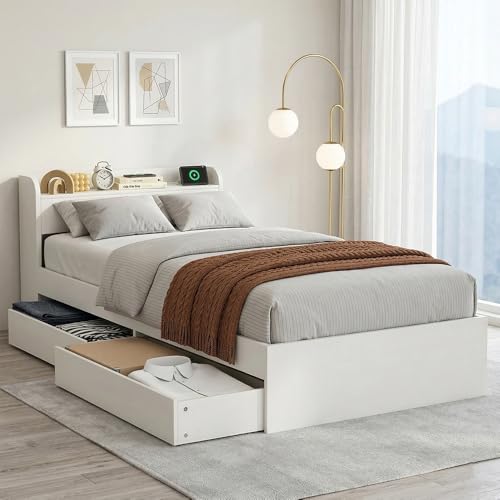 Artiss Single Bed Frame with Storage Headboard, Wooden Bed Base with 2 Storage Drawers, Solid Platform Bedframe with USB Charger, No Box Spring Needed for Guest Room, Bedroom Furniture, Easy Assembly