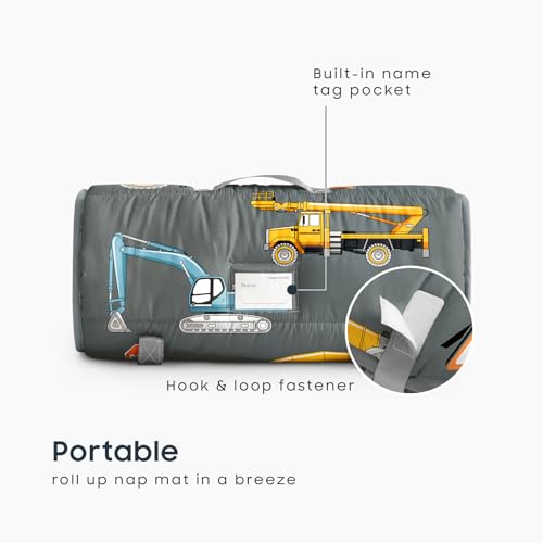 Image of Wake In Cloud - Toddler Nap Mat with Pillow and Minky Fleece Blanket, for Kids Boys Ages 3 Plus in Daycare Preschool Kindergarten, Roll Up Sleeping Bag, Construction Trucks