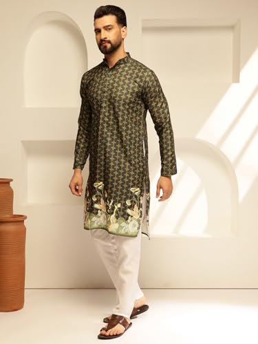 Image of SOJANYA (Since 1958 Men's Cotton Kurta Pyjama with Daman Print & Krochet Embroidery