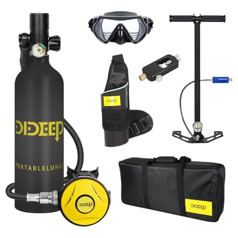 DIDEEP Scuba Tank, 1L Mini Scuba Tank, Support About 15-20 Minutes Underwater Breathing Portable, Reusable Lung Tank with High Pressure Hand Pump for Emergency Rescue Underwater Exploration, Black Cover
