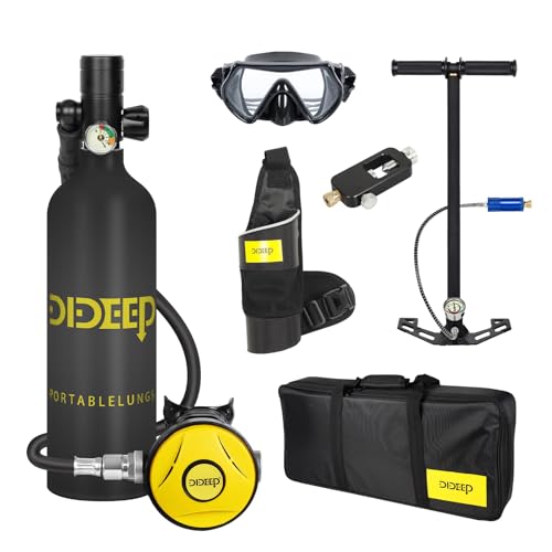 DIDEEP Scuba Tank, 1L Mini Scuba Tank, Support About 15-20 Minutes Underwater Breathing Portable, Reusable Lung Tank with High Pressure Hand Pump for Emergency Rescue Underwater Exploration, Black by DIDEEP - Used condition - US$226.76