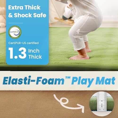 Image of 1.3 inch Thick Baby Play Mat for Floor, 39x59 Foam Tummy Time Mat, Padded Support Soft Plush Nursery Rug for Infant Kids Toddler Crawling Kick Activity (Olive Green)