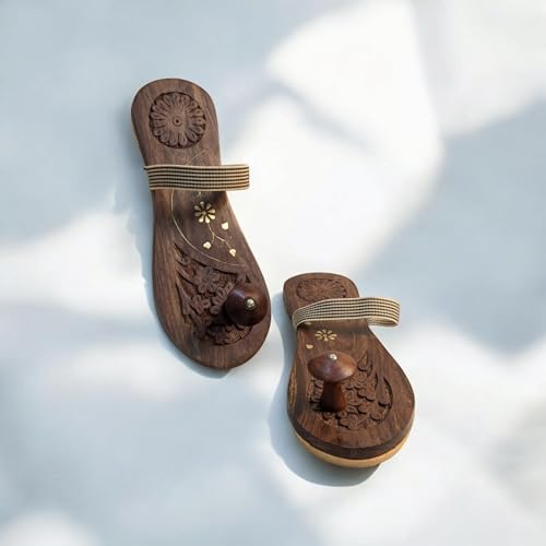 Image of Khadau Chappal for Men | Wooden Charan Paduka for Puja, Wearable Wooden Chappal Eco-Friendly (Rosewood) (6UK, Strap-WEAR)