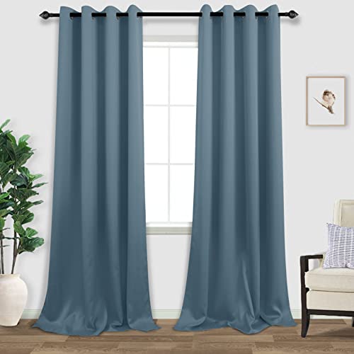 Image of KOUFALL 108 Inch Long Blackout Curtains for Living Room, Grommet Silk Polyester Thermal Drapes 108 Inches Long 2 Panels Set, Dusty Blue