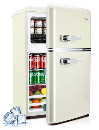 Anypro Fridge with Freezer, 3.2 Cu.Ft Retro Double Door Refrigerator with 7 Level Thermostat, Adjustable Removable Glass Shelves for Bedroom Office Apartment Dorm Bar, White