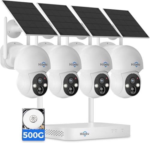 Hiseeu Solar Camera Wireless Outdoor, Home Security Camera System, 2.4G & 5G WiFi, Solar-Powered 4MP 4 Cam-Kit, Color Night Vision, 360° View, Pan & Tilt, 500GB HDD Local Recording, No Subscription