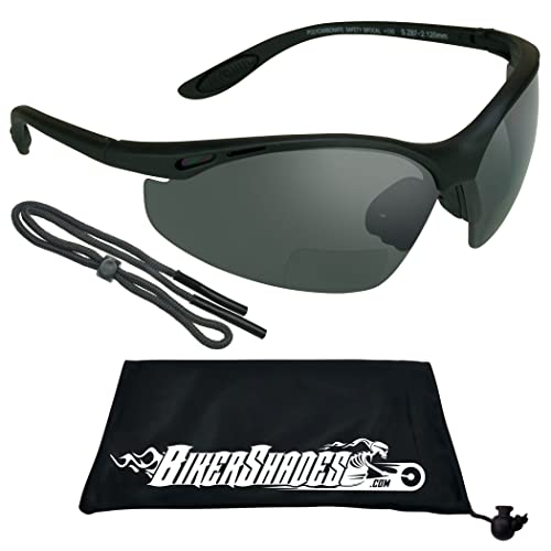 Bikershades Safety Bifocal Sunglass Readers w/Strap Wrap-Around Semi-Rimless Men Women Smoke Clear Yellow High Definition HD