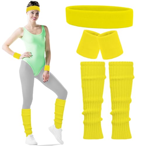 Buauty Women's Neon Leg Warmers 80s 90s Party Costume Accessories Set: Running Headband, Wristbands, and Knit Sport Outfit(huang