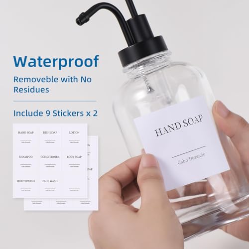 Image of Glass Soap Dispenser with Pump, Dish and Hand Soap Dispenser for Kitchen Bathroom Set, Clear Glass Dispenser Set of 2 Pack with 18 Stickers Funnel Bamboo Tray 500ml 18oz / Each Bottle Sliver Pump