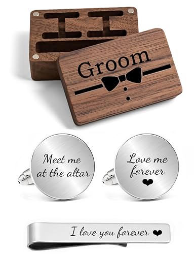 Kooer Custom Personalized Cufflinks & Tie Clip Set Wedding Jewelry Cufflinks Engraved Gifts for Men