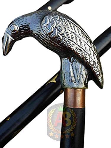 Antique Solid Brass Raven Head Handle Style Walking Stick Wooden Cane Wood & Metal for Men & Women Walking Canes Shaft Comes Three Fold Brass Inlay Black Wooden Great Gifted Collection Items