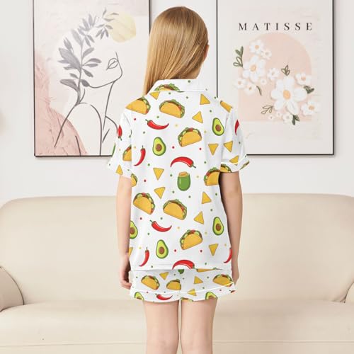 Satin Pajama Sets Short Sleeve Yummy Mexican Food Pattern Button Down Silky Nightwear 2 Piece PJS 5-14Y4