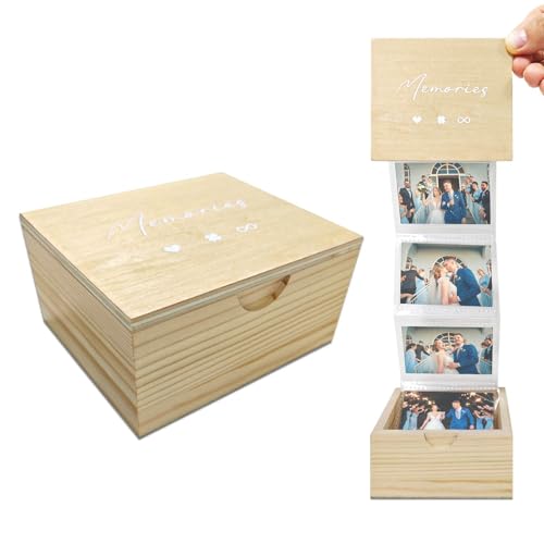 Pull Out Photo Album Wooden Box Picture Memory Keepsake Box Photo Collection Gift for Him Her Friend Family Anniversary Birthday Xmas Wedding Gifts (3x2 Wallet Size Photo)