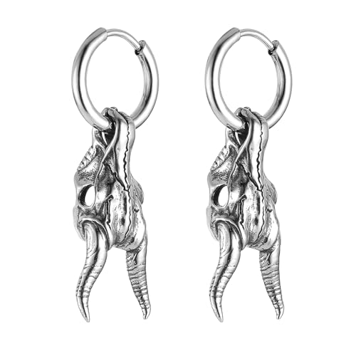 HZMAN Skull Goat Head Earring for Men Women Stainless Steel Gothic Punk Devil Satanic Dangle Drop Earrings Baphomet Goat Earring Jewelry Gift