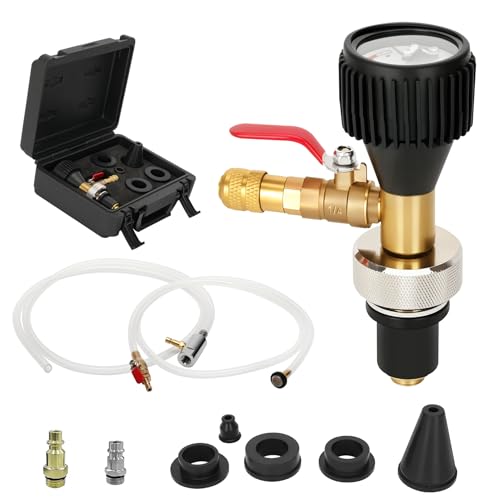 Coolant Vacuum Refill Kit, Cooling System Leak Checker Radiator Vacuum Fill Kit Equip 1 US & 1 European Standard Splice, 4 Adapters for Pressure Testing, Leak Detection, Coolant Refill, Airlock Purge