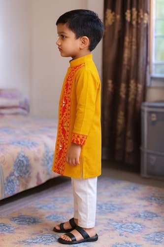 Image of Kurta Pajama for Kids Boys - Jamdani Border Kurta with Elastic Waist Pyjama Set, 1-8 Years