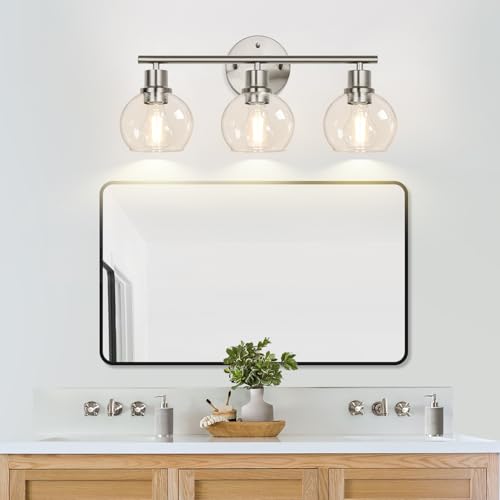 Image of Indoi 3-Light Bathroom Light Fixtures, Brushed Nickel Modern Vanity Lights Over Mirror with Clear Glass Globe Shade, Bathroom Wall Sconces for Mirror Kitchen Living Room Hallway Cabinet Bedroom Porch