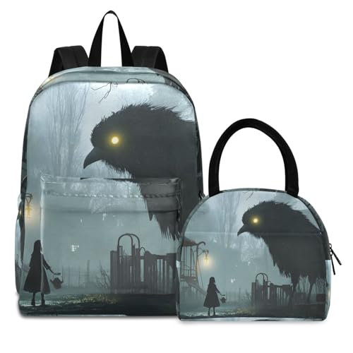 Backpack Lunch Bag Set Gothic Big Raven Print, Big Storage Travel Backpacks with Insulated Lunch Box for Office Hiking Picnic