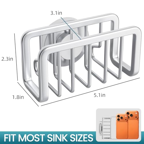 Image of TAILI Silver Sponge Holder for Kitchen Sink with Strong Suction Cup | Removable Sink Caddy for Kitchen Sink Oganizer, Rustproof Aluminum Sink Sponge Holder for Scraper Brushes, Stoppers