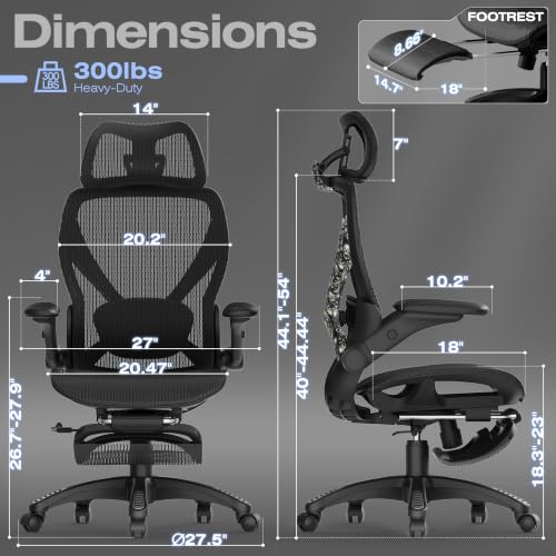 Image of ELABEST X100 Ergonomic Mesh Office Chair with Footrest, Big and Tall Home Desk Chair with 5D Flip-Up Arms, Adjustable 3D Lumbar Support, Gaming & Executive Computer Chair, Night Reaper