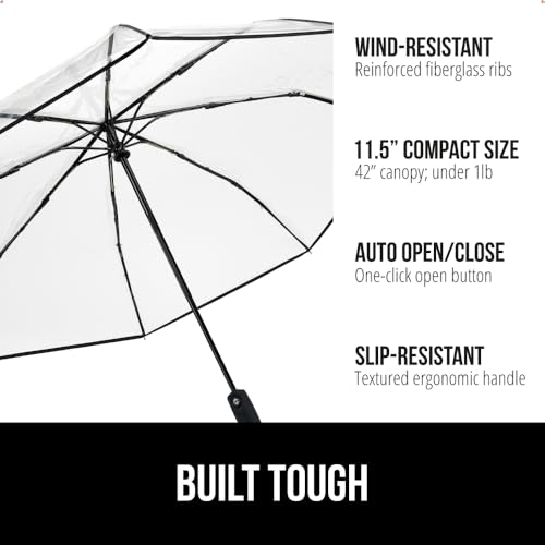 Image of GORILLA GRIP Compact Travel Size Umbrella for Rain, Sleek Design Fits Backpack, Purse and Carry On, Lightweight Under 1lb, One Click Open and Close, Wind Resistant, Durable Waterproof Quick Dry, Clear