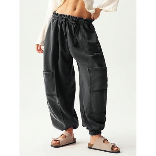 Women's Wide Leg Barrel Pants Casual Drawstring Elastic Sweatpants Baggy Lounge Vacation Beach Pant with Pockets3