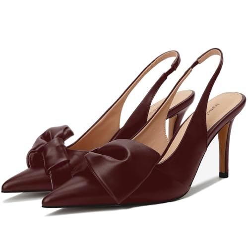 Manoloshow Women's Slingback Heels with Bow Leather Pointed Toe Pumps with Elasticated Strap 3.3