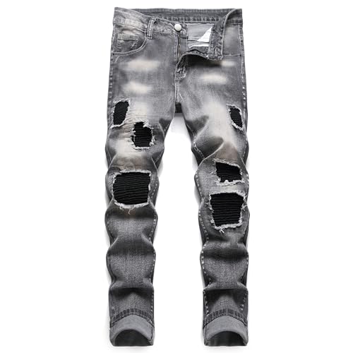 Grey Jeans for Men Black Stacked Stretch Ripped Denim Slim Fit Skinny Strechy Holey Jean Distressed Destroyed Comfort Flex Waist Zipper Torn Pants 8101-28