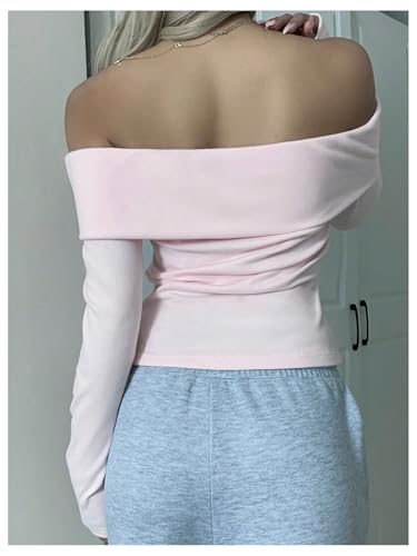 OYOANGLE Girl's Fold Over Off The Shoulder Top Long Sleeve Shirts Y2K Tight Tops3