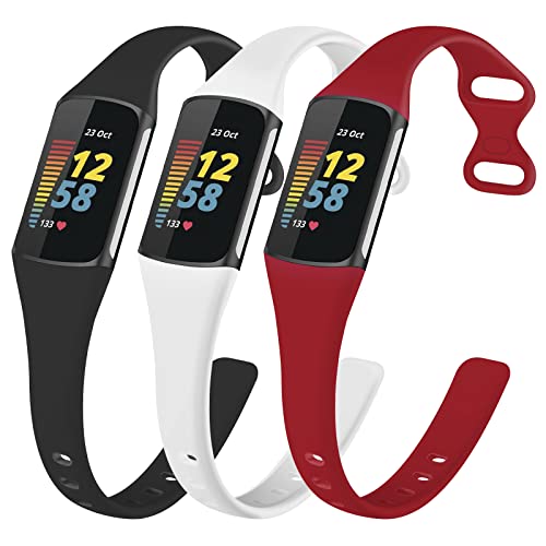 TopPerfekt Slim Bands Compatible with Fitbit Charge 5 Women Men, Adjustable Soft Silicone Sport Replacement Watch Band Straps Wristbands Bracelet for Charge 5 (3-White/Black/Red)