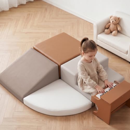 Image of Sumbababy Toddler Climbing Toys Indoor 4 Piece Leather Foam Climbing Blocks for Babies Easy Clean Soft Play Set for Crawling Climbing and Sliding Nursery Playroom Living Room Neutral