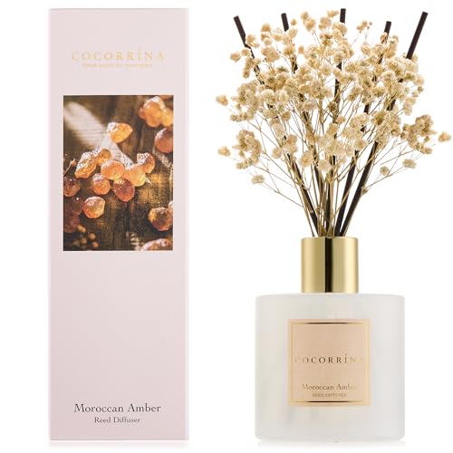 COCORRÍNA Raumduft 200ml mit 8 Duftstäbchen, Moroccan Amber, Natürliche ätherische Öle für einen Langanhaltenden, erfrischenden Duft, Home Duft für Wohnzimmer, Schlafzimmer, Badezimmer Dekoration