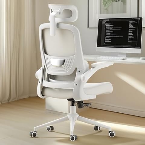Hbada P1 Office Chair, Desk Chair with Adjustable Lumbar Support, Home Office Desk Chair with 2D Headrest, FILP-up Armrest, Swivel Computer Chair, White Cover