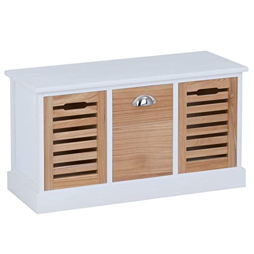 Banc de Rangement TRIENT Meuble Bas Coffre avec 3 caisses de Rangement, en MDF et Bois de Paulownia Finition Blanc et Bois Naturel, Style Vintage Maison de Campagne