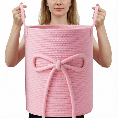 Glooglitter Pink Bow Laundry Basket Large Cotton Rope Storage Basket 16'' x 22'' Woven Laundry Hamper with Handles for Clothes Blanket Pillow Towels Living Room Bathroom Decor by Glooglitter - Used condition - US$20.30