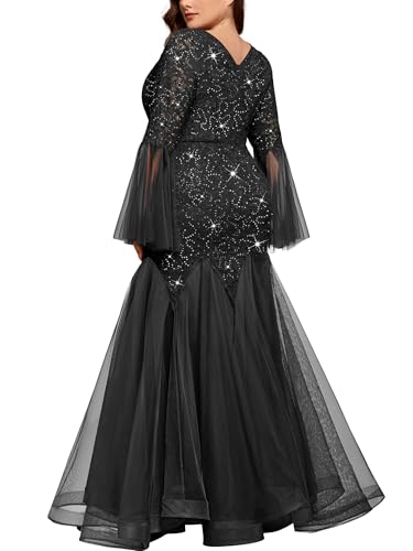 MISSMAY Women's Plus Size Sequins Lace V Neck Sheer Long Sleeves Tulle Mermaid Hem Formal Evening Party Dresses2